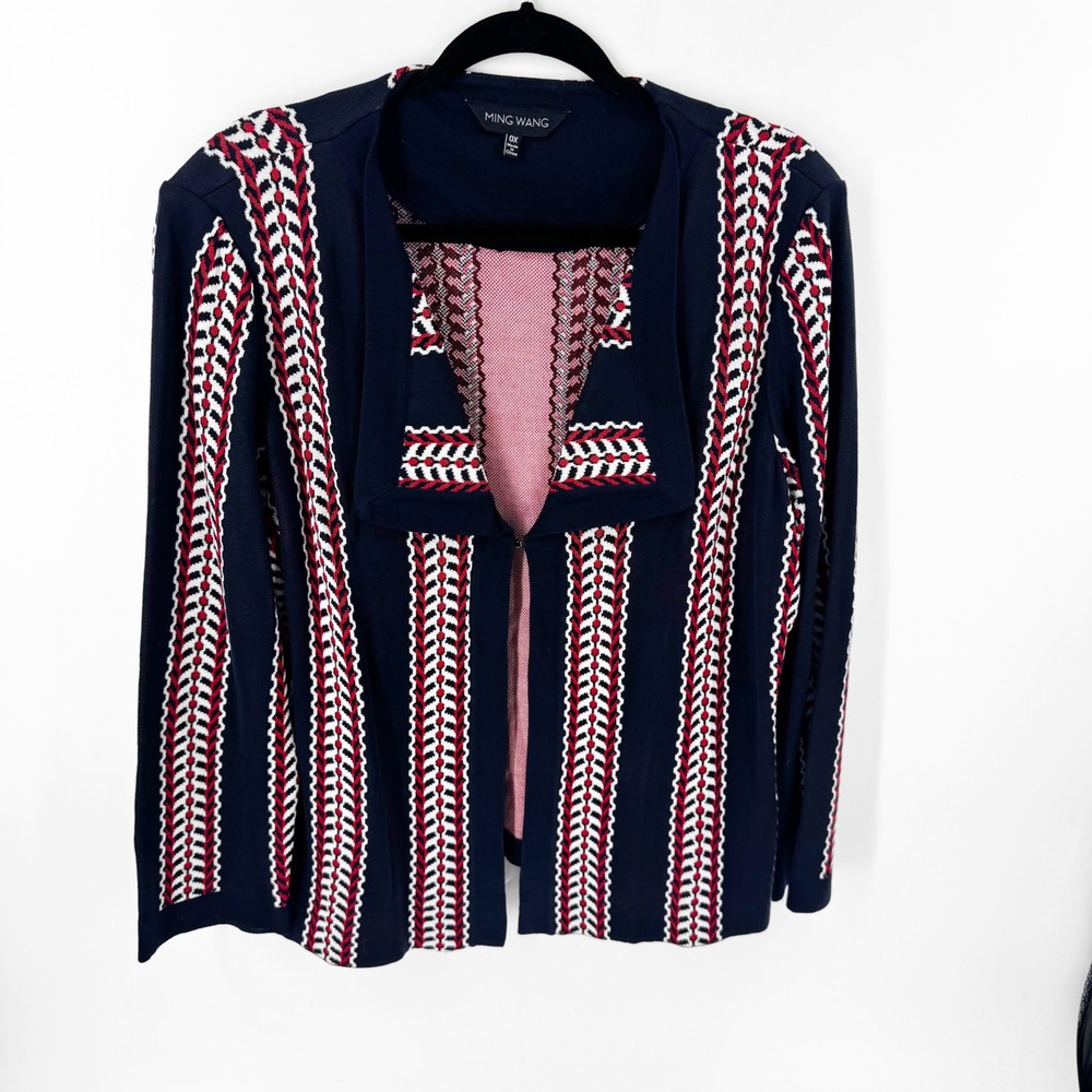 Ming Wang Womens 0X Navy Blue Red White Geometric Stripe Knit Jacket‎ Cardigan